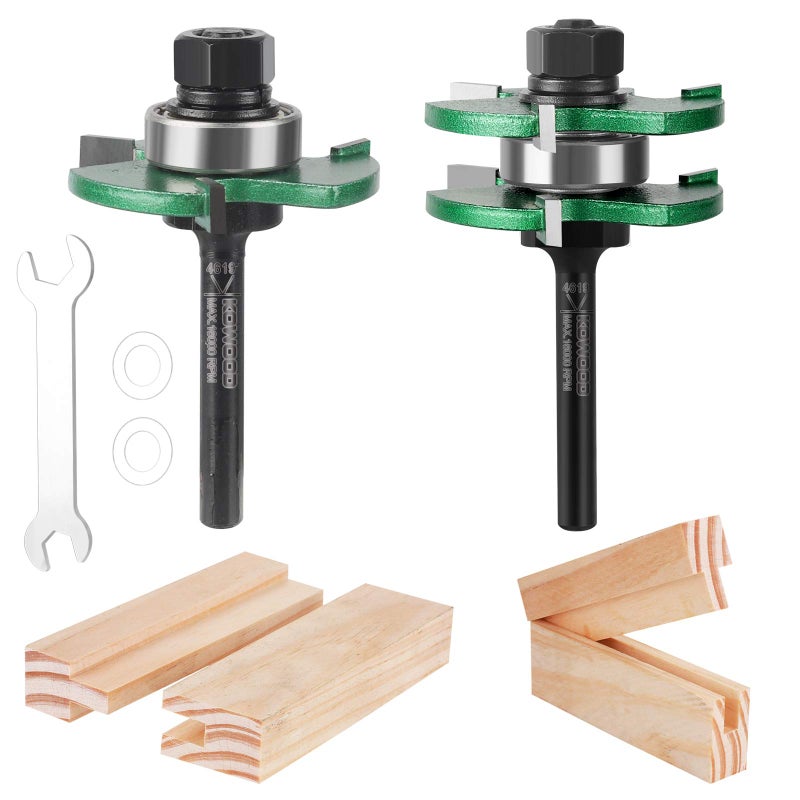 KOWOOD Pro Tongue and Groove Set of 2 Pieces 1/4 Inch Shank Router Bit Set 3 Teeth Adjustable T Shape Wood Milling Cutter - Image 1
